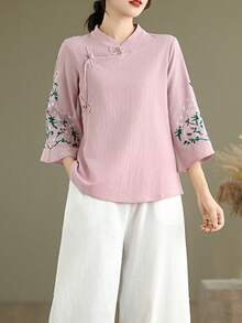 LUCIDVUE 1件女款唐裝刺繡上衣，春夏復古盤扣亞麻襯衫，優雅漢服風度假穿搭 - 粉色 - 查看 9