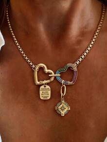 1pc Gold Heart Necklace With Letter Pendant And Compass Diamond Chain, Unique Luxury Style, Suitable For Women's Daily Work Decoration - Yellow Gold - View 3