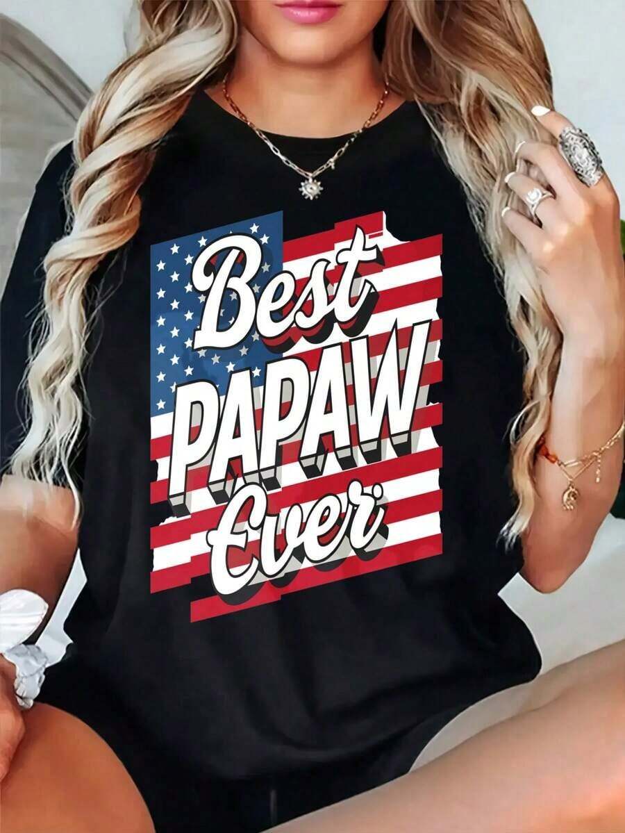 Women's Graphic Tees, Crew Neck And Loose Fit, 100% Cotton, With American Flag Print "World's Best Dad", Casual Wear, Short Sleeve T-Shirts For Spring, Basic T-Shirts For Summer, Clothing Gift For Women, Cotton T-Shirts For Summer. - 黑色 - 查看 1