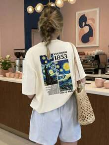 Camisetas manga corta mujer Camiseta casual para mujer, tributo a la obra maestra de Van Gogh "La noche estrellada" y patrón numérico de 1853, cómoda y versátil para primavera/verano, con cuello redondo y manga corta, estampada de manera elegante - Blanco - Ver 1
