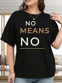 OversizeCamiseta de mujer talla grande "NO MEANS NO" - Lema inspirador con estampado geométrico en negro y dorado, tela suave y transpirable, cuello redondo, estilo casual, cómoda para uso diario y como regalo para las fiestas, lavable a máquina, talla grande, bonita. - Negro - Ver 6