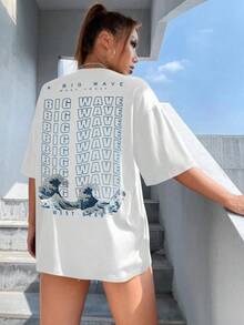Unity Camiseta de manga caída con gráfico de olas y eslogan "GRAN OLA OESTE GRAN OLA PLAYA OESTE" para mujer - Blanco - Ver 5