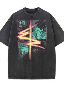 Unisex Oversized T-Shirt With Anime Characters And A Cross Pattern – Suitable For Casual Wear, This Unisex T-Shirt Has A Faded Vintage Look, Perfect For Pairing With Streetwear And Everyday Outfits. - 黑色 - 查看 3