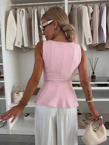1 pieza Blusa de punto con volantes en el bajo, Uso casual de verano en color rosa - Rosa - Ver 5