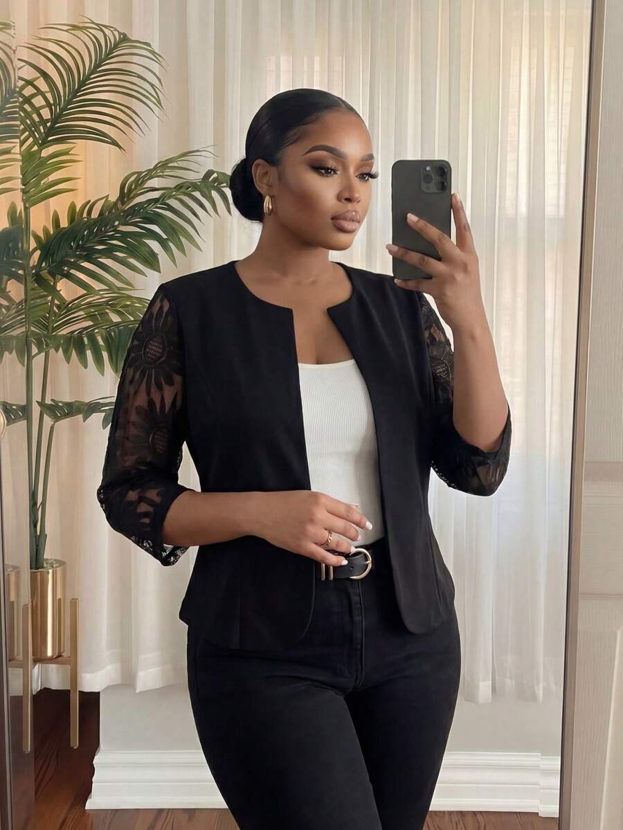 SHEIN Lady CURVE 大码女式黑色优雅蕾丝袖拼接短外套，适合日常穿着、教师、商务休闲、办公室、外出、机场等场合，尽显优雅气质，街头风十足，复古富贵，基础款上衣，韩版风格，秋冬季必备单品 - 黑色 - 查看 1