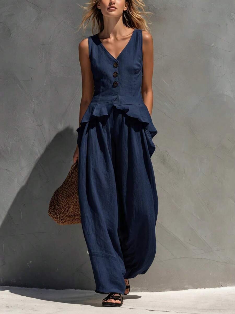 New Linen Set For Spring-Summer, Casual And Office Style, Button-Front Vest With V-Neck, Flattering Design, Perfect For Daytime Looks And Seasonal Transitions - Navy Blue - View 1