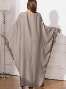 Middle East New Style Women's Arabic Fashion Abaya Long Dress, Exquisite Rhinestone Embellished Pullover Tassel Robe (Random Pattern) - Apricot - View 8