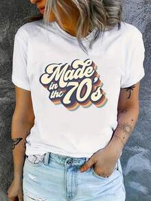 Women's Short-Sleeved Cotton T-Shirt, Casual T-Shirt, Short-Sleeved Round Neck T-Shirt With Artistic "70s" Letter Print For Women, With Medium Elasticity. - 白色 - 查看 4