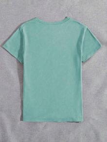 Casual Short Sleeve T-Shirt With Colorful Slogan Print, Spring/Summer - Green - View 2