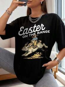 1 pieza Estilo cotidiano, Camiseta de Pascua, Camiseta vintage con gráfico de conejo de Pascua, Regalo de Pascua, Diseño de camiseta de vaquero de Pascua con conejo de rodeo estilo western vintage de primavera, Hecha para realzar las curvas de forma suave, cómoda y que aumenta la confianza, 180g 100% algodón, Todos los patrones están impresos. Unisexo. - Negro - Ver 1