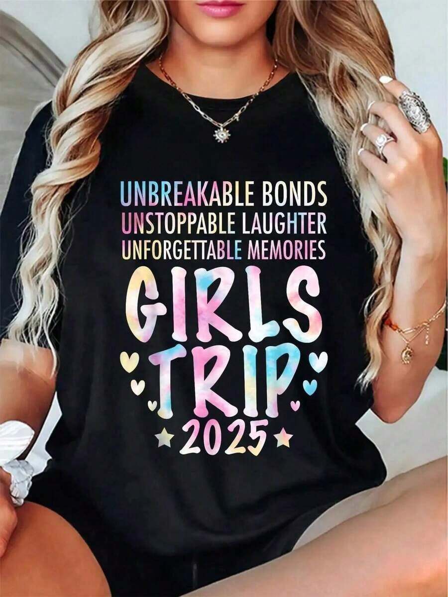 Camiseta de Mujer con Estampado Gráfico, Algodón Ligero, Verano, Camiseta con Estampado de Lazos Irrompibles y Risa para Viajes - 100% Ajuste Cómodo, Cuello Redondo, Manga Corta, con Estampado Colorido, Adecuada para Salidas en Grupo, Regalos para Mejores Amigas y Viajes de Verano, Camisetas Oversize, Camiseta de Mujer con Estampado 100% Algodón Puro - Negro - Ver 1