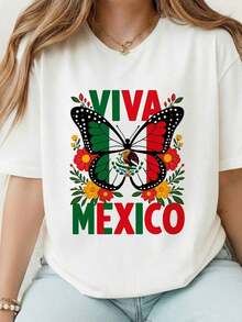 Viva Mexico T-Shirt With Mexican Butterfly Flag For Independence Day, 100% Cotton, Short Sleeve, Round Neck, Unisex, Mexican Pride Gift, Monarch Floral Graphic T-Shirt, Cinco De Mayo, For Summer. - 白色 - 查看 3