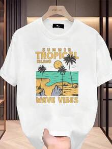 1 Yellow Island Tropical Wave Print T-Shirt - Featuring Palm Tree Print And Surf Logo, Hawaii/Turks And Caicos Lettering, Casual Short-Sleeve Beachwear For Summer, Machine Washable, Ideal For Vacations. 180g 100% Cotton, Patterns Are Fully Printed. Unisex. - 黑色 - 查看 8
