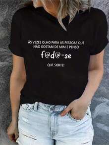 Camiseta con estampado de letras europeas para mujer. Nuevas llegadas de verano. - Negro - Ver 1