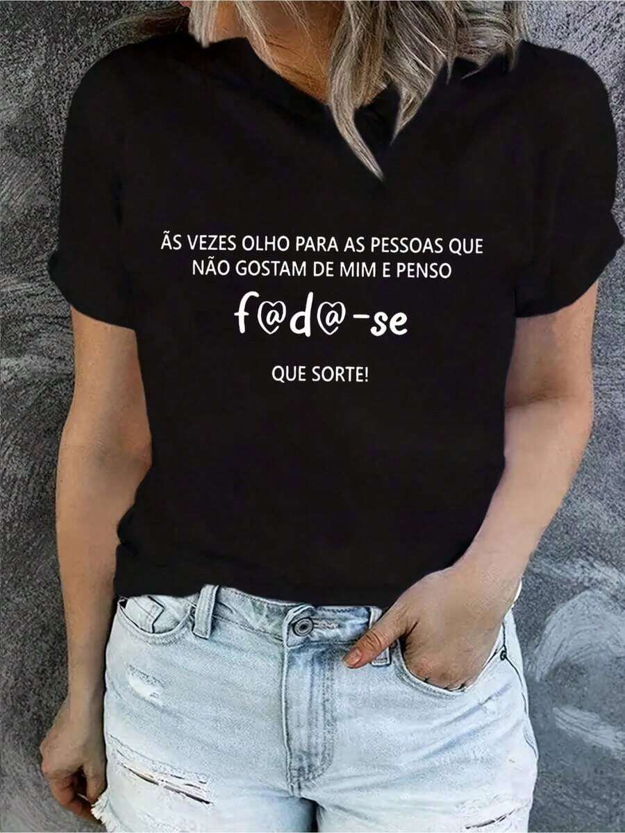 Camiseta con estampado de letras europeas para mujer. Nuevas llegadas de verano. - Negro - Ver 1
