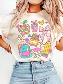 1 Piece Boho Teacher Shirt, 100% Cotton, Back-To-School Shirt, Cute Bow Tie Tee For Teachers, Teacher Gift, First Day Of School, Teacher Appreciation. 210g 100% Cotton, All Patterns Are Printed. Unisex. Pure Cotton - 白色 - 查看 8