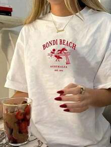 1 camiseta de mujer, camiseta de manga corta de verano para mujer, estilo casual y holgado, con estampado de la playa Bondi de Australia, para uso diario y urbano. Camisetas con estampados, camisetas vintage, 100% algodón (tallas S-3XL). Camiseta de manga corta con cuello redondo estampada, mangas cortas estampadas, verano, muy adecuada para uso diario. - Blanco 4 - Ver 6