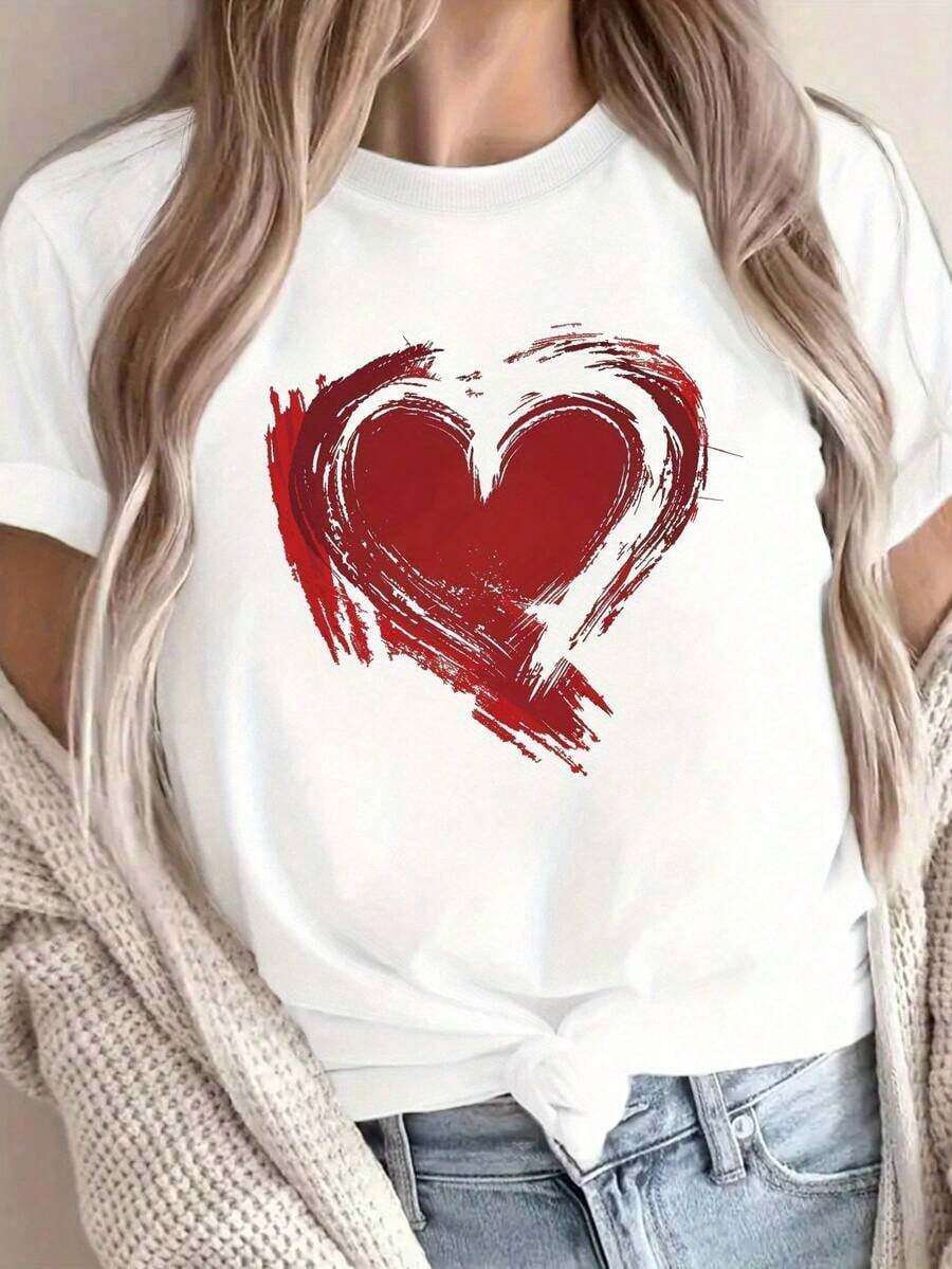 Camiseta de mujer moderna, informal, para fiestas y para estar en casa, 100% algodón, corte holgado. . De corte holgado. Camiseta de Cuello Redondo con Estampado de Corazón, Top Casual de Manga Corta para Primavera y Verano, Ropa de Mujer - Estilo Vintage Urbano Unisex, Camiseta Holgada de Algodón de Manga Corta con Cuello Redondo, blusasparadamacasuales - Blanco - Ver 1