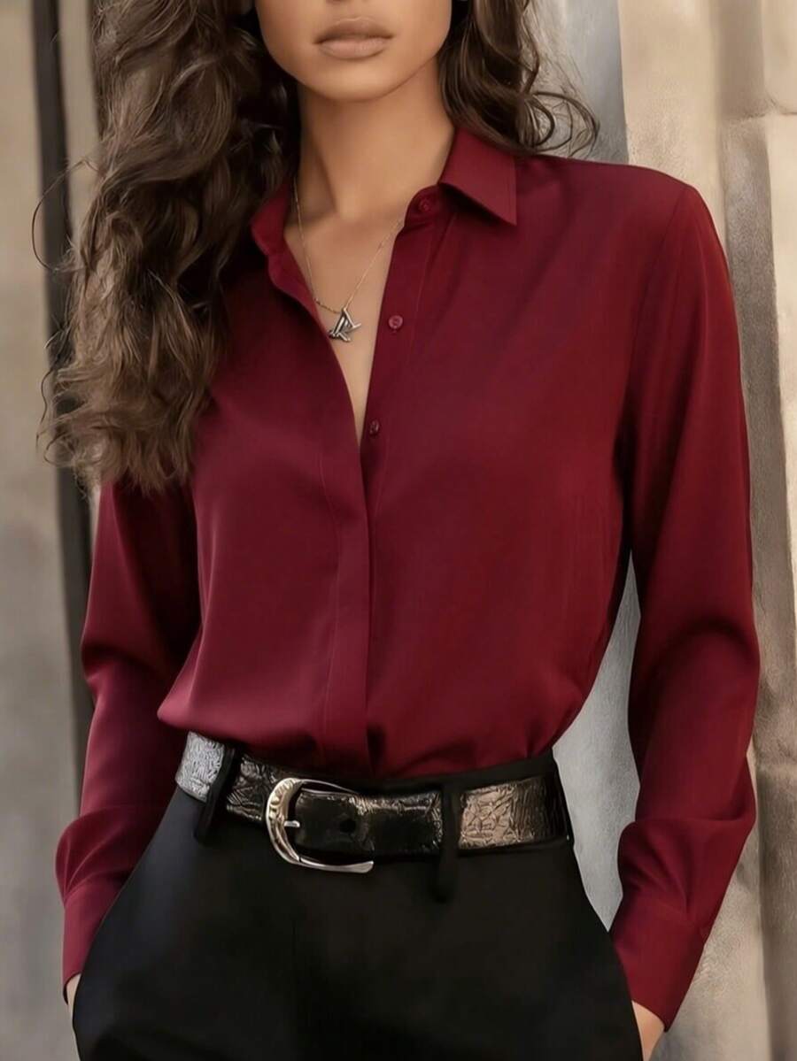 Women's Purple Lapel Long Sleeve Button-Up Shirt, Made Of Satin Fabric, Suitable For Work Or Casual Occasions