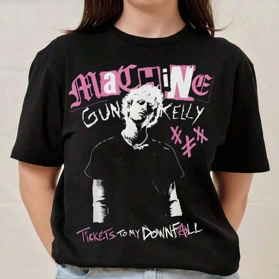 Personalized Women's T-Shirt, 100% Cotton, Machines Guns Kellys T-Shirt - Tickets To My Downfall Album, Merchandise, Lightweight, Breathable, Summer Hit - Unisex Vintage Urban Style T-Shirt, Cotton, Short Sleeve, Crew Neck - 黑色 - 查看 1