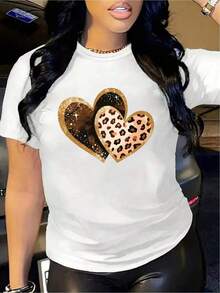 YOCASA Camiseta Casual de Verano para Mujer, con Cuello Redondo, Ajustada y Manga Corta, con Estampado de Pintura al Óleo, Floral, Corazón, Cereza y Patrones de Letras. Tejido Casual Simple, Estilo Deportivo, Ideal para Uso Diario y Citas de San Valentín. 1 pieza, 180G Pure Heavy, 95% Poliéster 5% Spandex. - Blanco - Ver 1