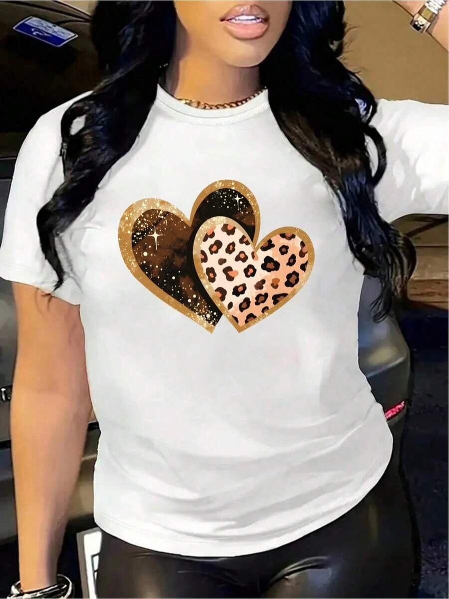 YOCASA Camiseta Casual de Verano para Mujer, con Cuello Redondo, Ajustada y Manga Corta, con Estampado de Pintura al Óleo, Floral, Corazón, Cereza y Patrones de Letras. Tejido Casual Simple, Estilo Deportivo, Ideal para Uso Diario y Citas de San Valentín. 1 pieza, 180G Pure Heavy, 95% Poliéster 5% Spandex. - Blanco - Ver 1