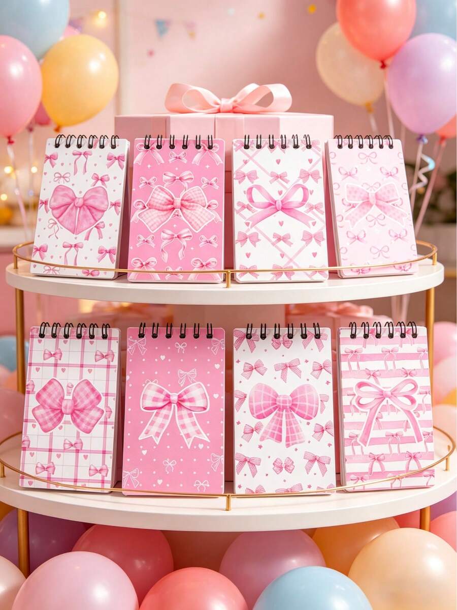 8入粉色蝴蝶結螺旋筆記本，生日派對伴手禮袋填充物、生日裝飾、女嬰1歲生日禮物、獎勵、生日派對用品