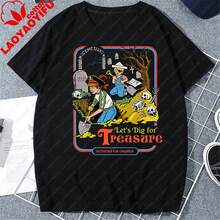 Camiseta vintage de manga corta para mujer con estampado "Let's Dig for Treasure", prenda informal de punto. - Negro - Ver 1