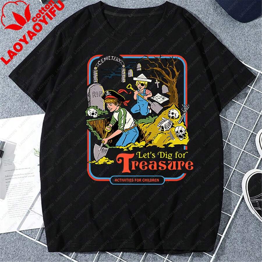Camiseta vintage de manga corta para mujer con estampado "Let's Dig for Treasure", prenda informal de punto. - Negro - Ver 1