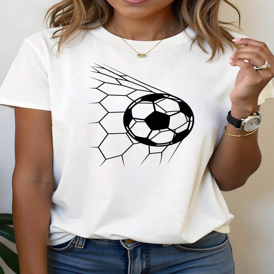Women's White Cotton Short Sleeve T-Shirt with Round Neck Regular Fit Soccer Graphic Print Casual Top High Stretch Fabric - Blanco - Ver 1
