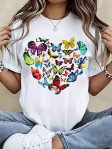 Camiseta Casual para Mujer con Estampado de Corazones de Mariposa, Diseño de Mariposas Coloridas, Cuello Redondo en Blanco y Negro para Moda Primavera Verano, Camiseta Holgada y Cómoda - Blanco - Ver 1
