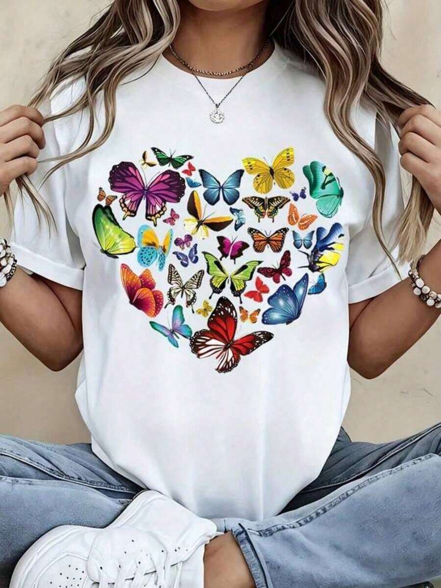 Camiseta Casual para Mujer con Estampado de Corazones de Mariposa, Diseño de Mariposas Coloridas, Cuello Redondo en Blanco y Negro para Moda Primavera Verano, Camiseta Holgada y Cómoda - Blanco - Ver 1