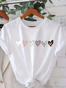 Valentine's Day Love Print T-Shirt, Six Hearts Design, Beautiful Women's T-Shirt, Fashionable Women's Clothing - Comfortable Cotton Short Sleeve White T-Shirt - 白色 - 查看 6