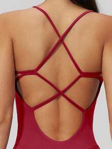 NcmRyu 1pc Women's Solid Color Crisscross Back Fitted Elastic Backless Yoga Fitness Jumpsuit Sports - Red - View 9