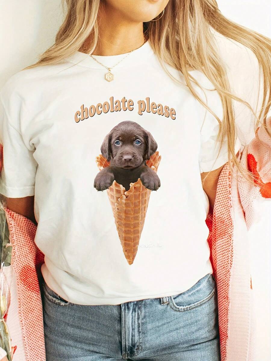 Camiseta de manga corta con cuello redondo y estampado de letras de Pug y helado, top casual para primavera y verano, ropa de mujer - Blanco - Ver 1