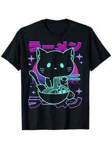 Camiseta Retro de Gato Ramen Anime – Unisex Estética Kawaii de Fideos Negra con Diseño Japonés de Neón, Ropa Casual y de Exterior para Hombres y Mujeres - Negro - Ver 5