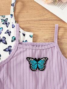 3pcs/Set Young Girls' Summer Fashion Versatile Butterfly Print Decorated Solid Color Ribbed Wave Hem Splicing Camisole Romper, Suitable For Outdoor Wear - Purple - View 7