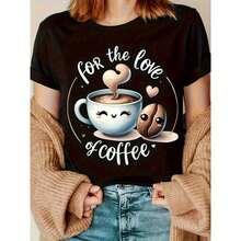 Funny T-Shirt With Cartoon Coffee And Coffee Print, Love Letter To Coffee Print T-Shirt, Coffee Lover T-Shirt, Coffee Lover Gift, Women's Clothing - [] - 查看 1