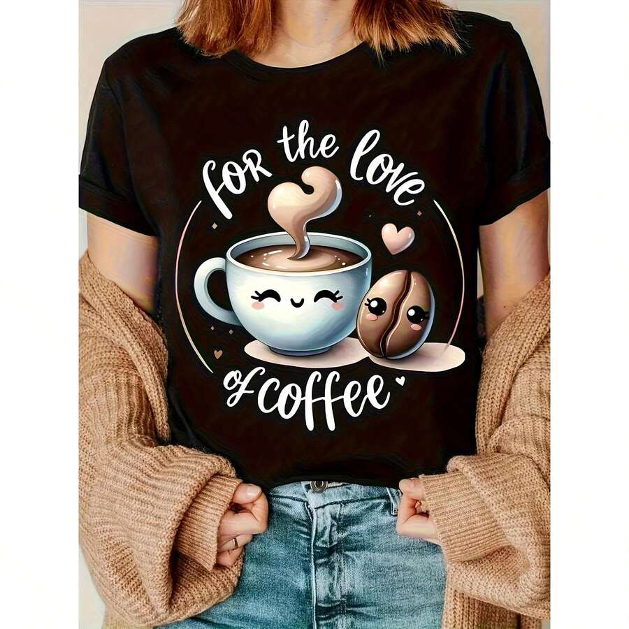 Funny T-Shirt With Cartoon Coffee And Coffee Print, Love Letter To Coffee Print T-Shirt, Coffee Lover T-Shirt, Coffee Lover Gift, Women's Clothing - [] - 查看 1