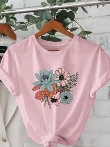 Plus Size - Plus Size - Fashionable Short Sleeve Crew Neck Printed T-Shirt, Plus Size Women's Clothing, Women's Clothing - 粉色 - 查看 6