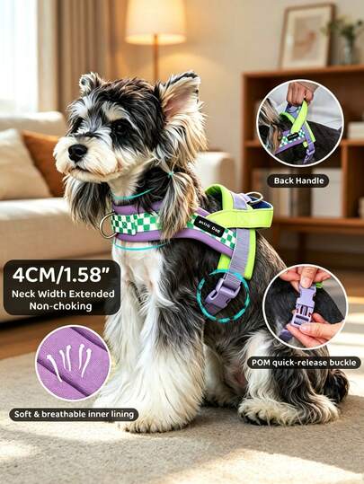 DomKim Arnés acolchado para perros con correa y soporte de pecho estilo silla de montar, ajustable sin tensión, estilo chaleco. Hecho de material suave y grueso para un ajuste cómodo. El diseño con asa en la espalda permite un mejor control al caminar a los perros. Adecuado para razas pequeñas, medianas y grandes. Equipo ideal para caminar.