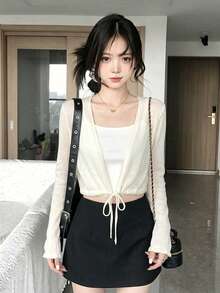 Áo khoác cardigan dài tay màu trắng mới mùa hè, kiểu dáng gợi cảm, thắt dây eo, chống nắng, chất liệu dệt kim, thanh lịch, nữ tính, đa năng, phù hợp đi làm, đi biển, dự tiệc, hẹn hò, đám cưới, đi học. - Màu be - Xem 2
