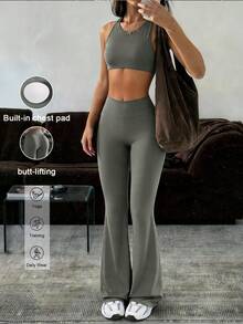 Bộ đồ thể thao mùa hè 2 món dành cho nữ, gồm áo tank top thể thao không tay khoét lưng tối giản và quần ống đứng cạp cao, phù hợp cho yoga, thể dục, đạp xe và mặc hàng ngày, mang phong cách thanh lịch. - Xám - Xem 1