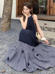 Vestido casual de verano para mujer sin mangas con parches de colores contrastantes - Azul marino - Ver 5