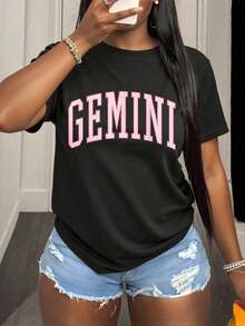 1 pieza de camiseta gráfica con el signo zodiacal Géminis para mujer, top casual de manga corta, ropa de verano, camisa de moda urbana, 220g180g 100% algodón. - Negro - Ver 8