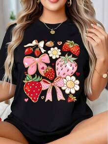 1 pieza de camiseta casual de verano para mujer con estampado de lazo de fresa y flores, con diseño de corazón y margarita. Es una camiseta perfecta para regalar a amigos y familiares en cualquier día festivo u ocasión especial, 220g180g 100% algodón. - Negro - Ver 12