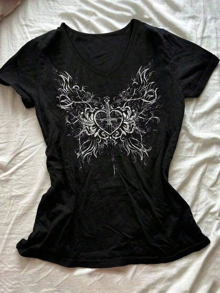 Camiseta de manga corta con cuello redondo y estampado de alas de estilo gótico Y2K para mujer , adecuada para fiestas, reuniones, regalos navideños, estilo para todas las estaciones. - Blanco - Ver 1