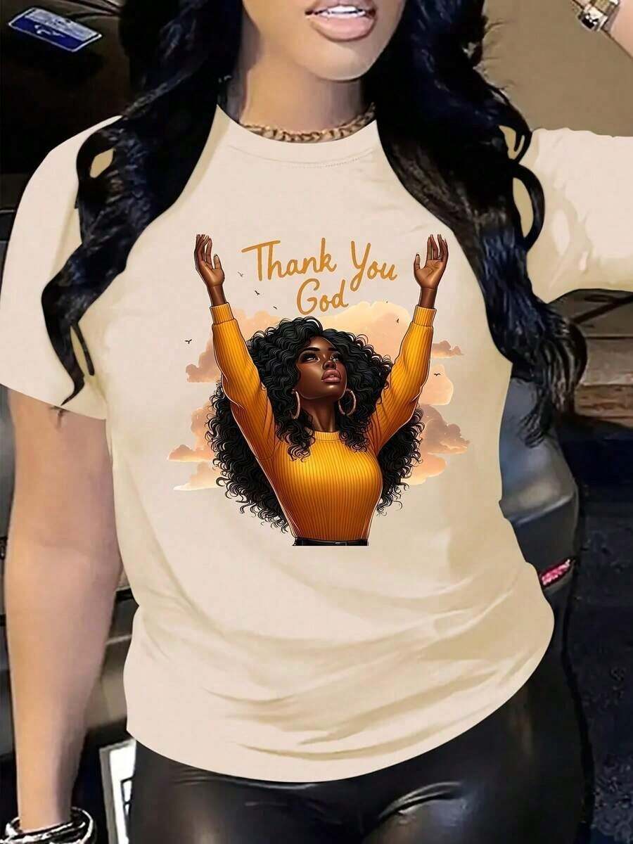 1 Piece Of White Women's T-Shirt With 'Thank God' Print | Short Sleeve T-Shirt With Round Neck And Design Of Hands In Prayer And Orange Letters, Breathable Clothing For All Four Seasons With Religious Theme, Machine Washable, Casual Wear, Religious Pattern T-Shirt, 180g 100% Cotton. - 白色 - 查看 1