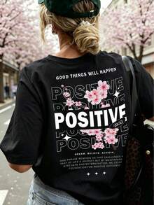 Women's Back POSITIVE Cherry Blossom Loose Tee, Soft Casual Short Sleeve Top For Daily & Outdoor Wear Summer Black - Black - View 2