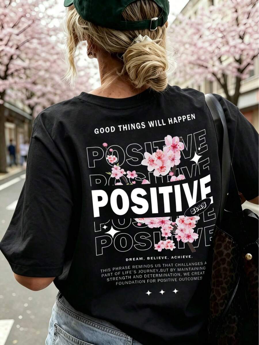 Women's Back POSITIVE Cherry Blossom Loose Tee, Soft Casual Short Sleeve Top For Daily & Outdoor Wear Summer Black